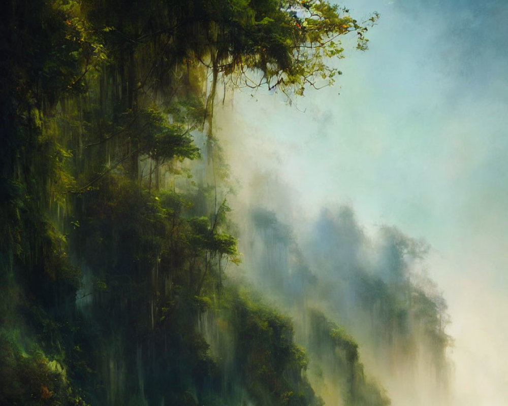 Sunlit misty forest with ethereal fog and dense foliage