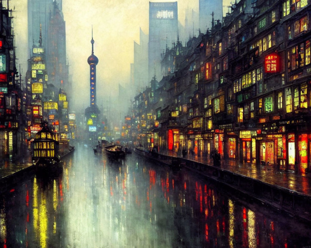 Rainy cityscape at dusk with traditional and modern buildings, canal, and Oriental tower.