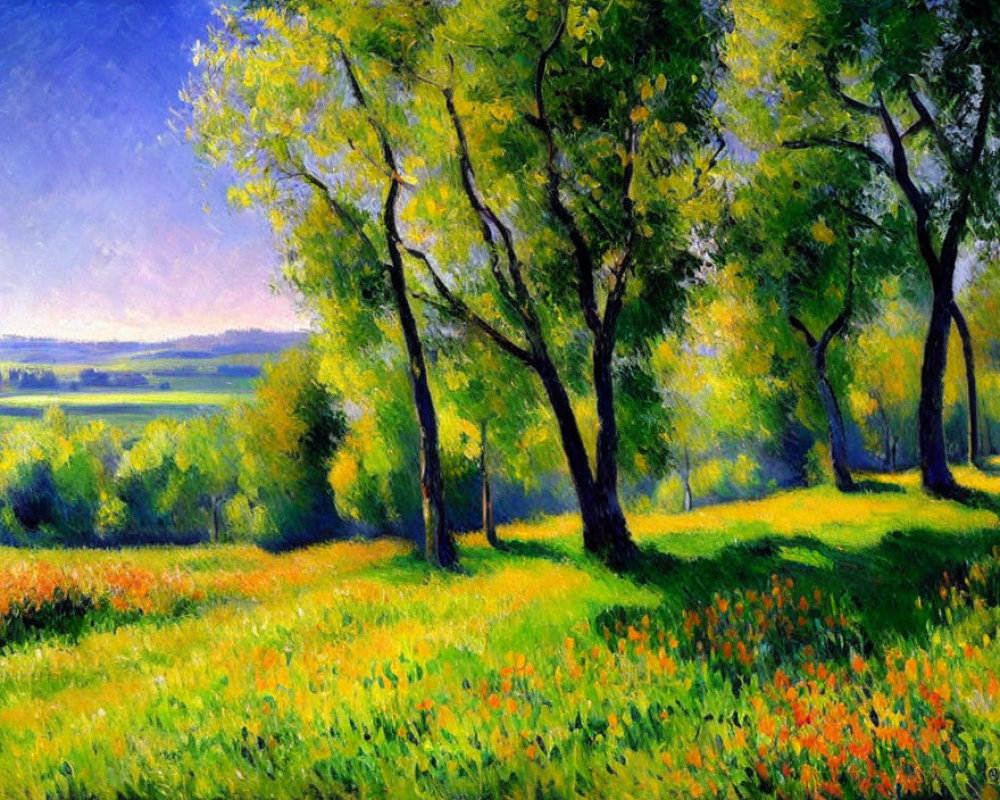 Tranquil landscape with green trees and wildflowers