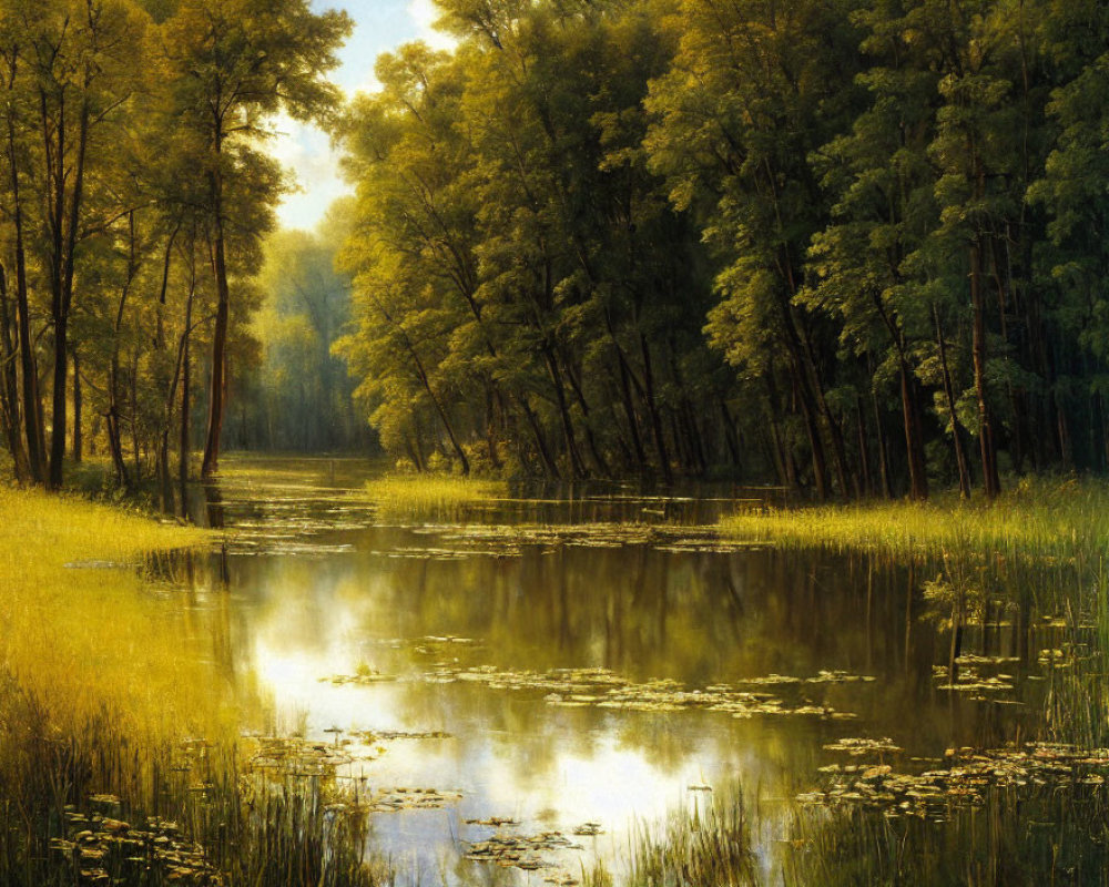 Serene forest river with sunlight and reflections