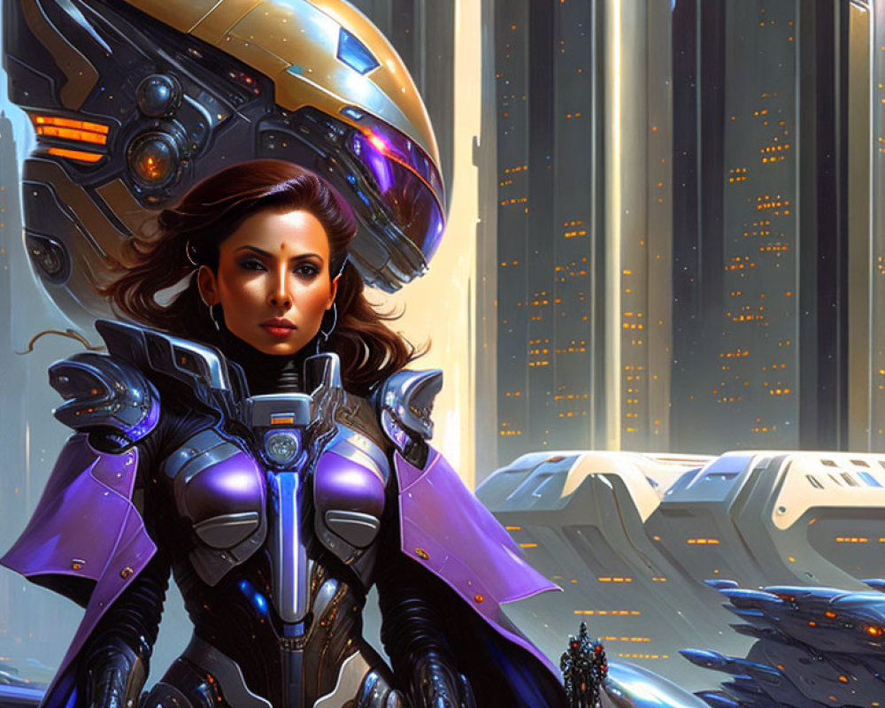 Futuristic armor-clad woman in front of towering city structures