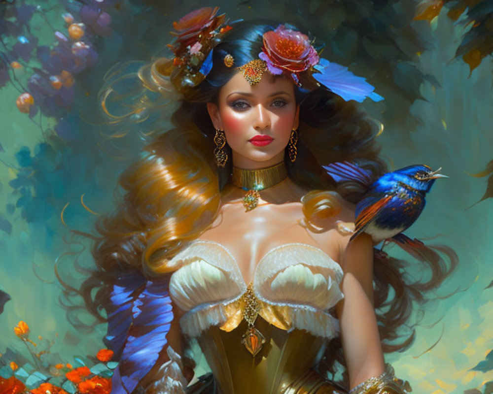 Fantasy woman with jewelry and feathers in vibrant foliage with bluebird.