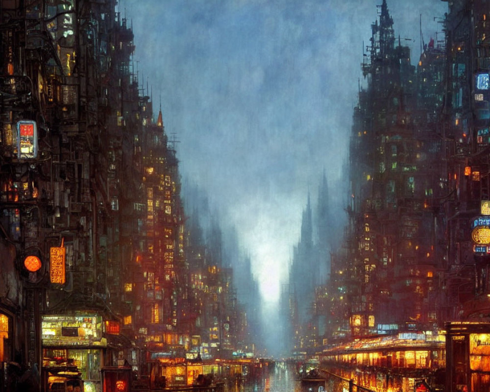 Dystopian cityscape: neon signs, towering buildings, and cyberpunk haze