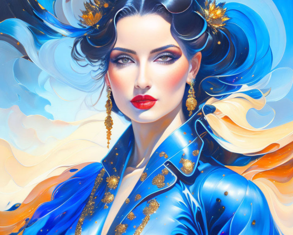 Stylized portrait of woman with flowing hair in blue clothing against vibrant sky-blue background