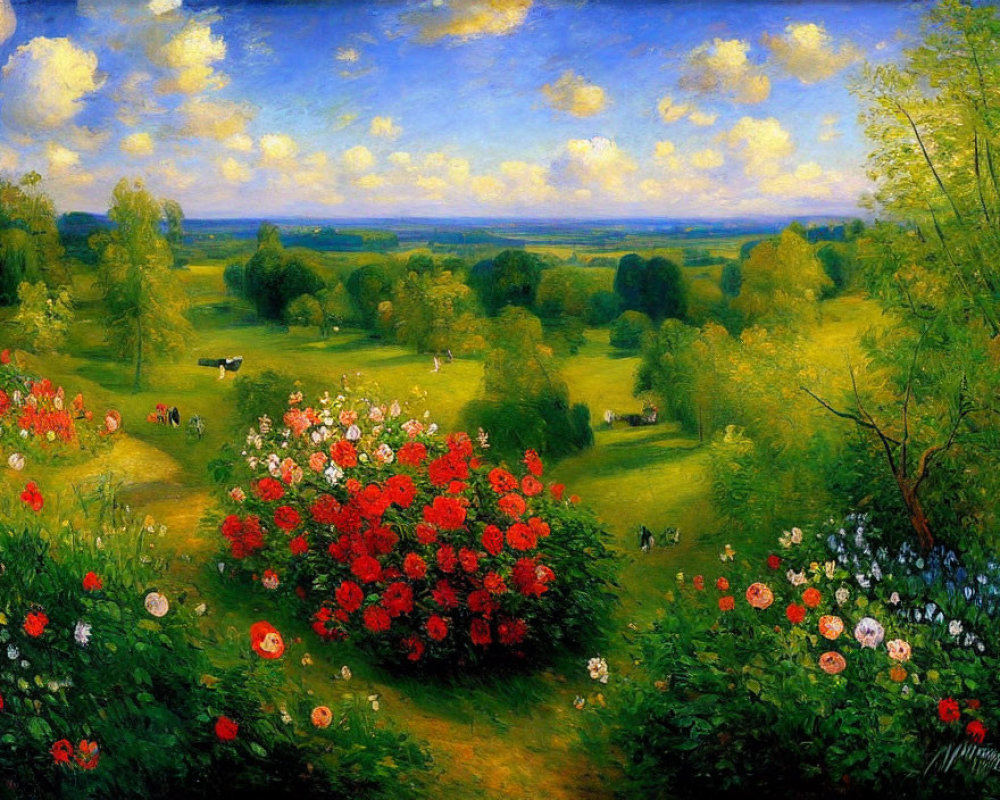 Vibrant red, pink, and white flowers in lush landscape painting