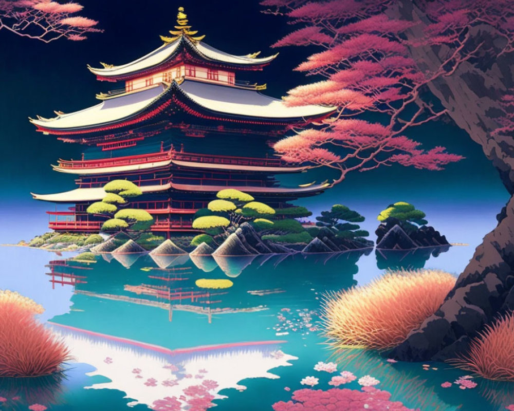 Traditional Japanese pagoda reflected in tranquil lake with pink and orange trees