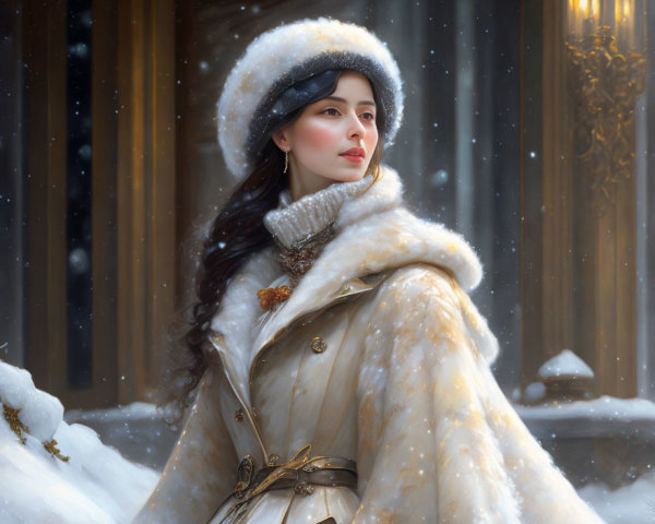 Woman in elegant winter attire amidst falling snow near ornate golden architecture