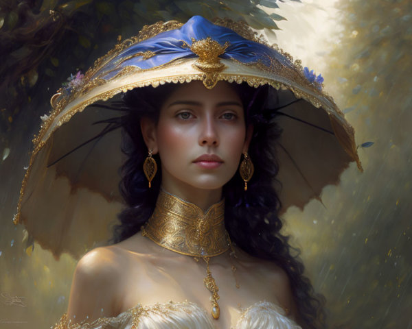Dark-haired woman in blue & gold Victorian hat, ornate choker & earrings against soft-focus backdrop
