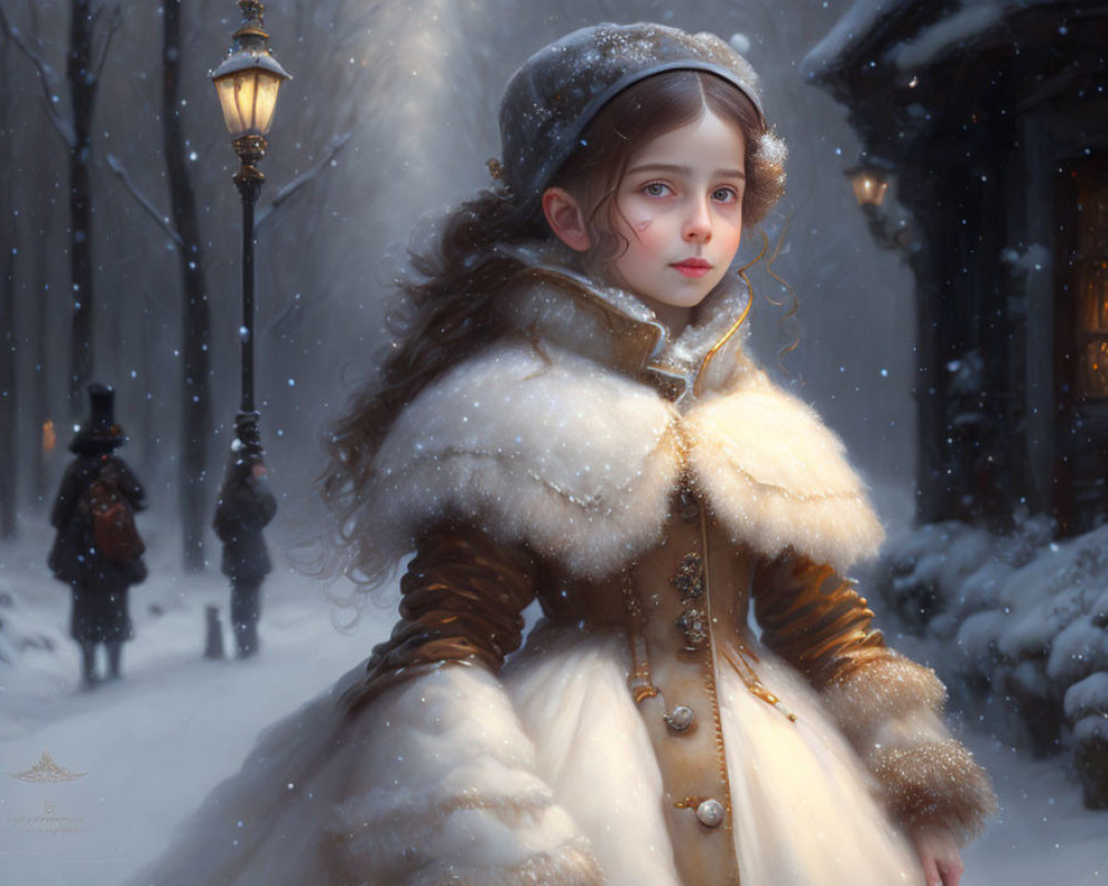 Young girl in white fur coat on snowy street with vintage street lamps.