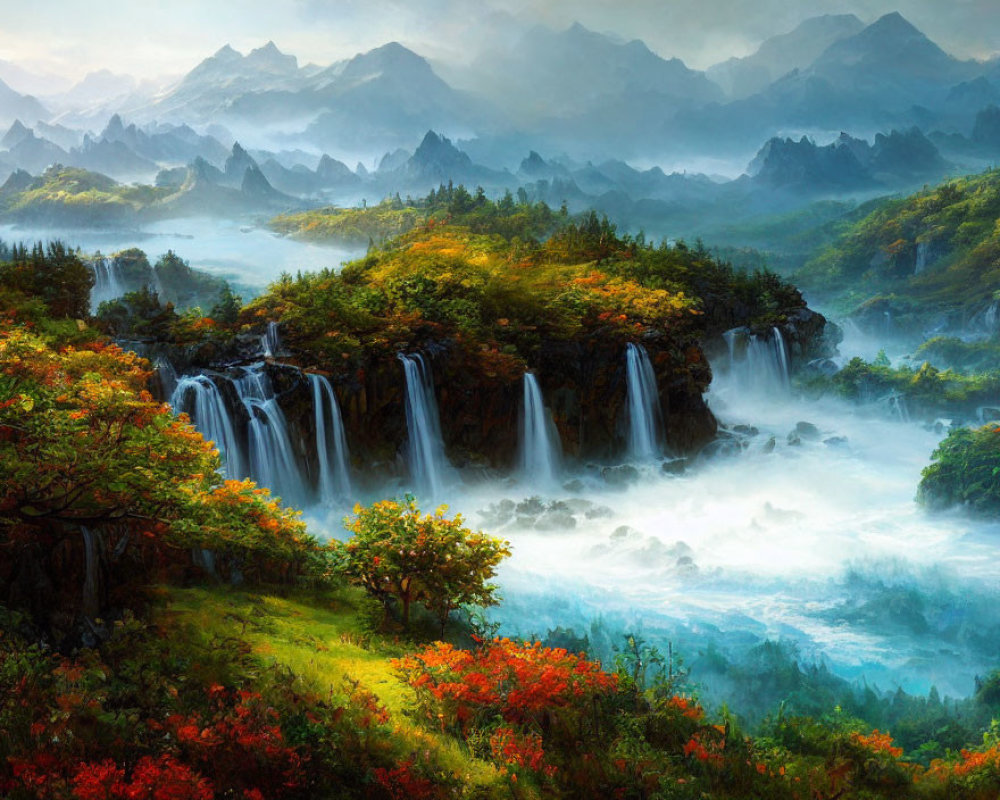 Fantasy landscape with cascading waterfalls and lush green cliffs