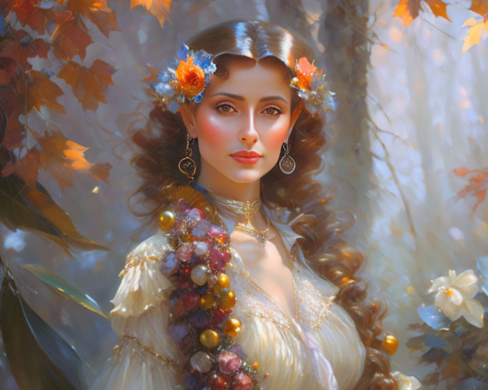 Serene woman with floral tiara and grapevine necklace in autumnal setting