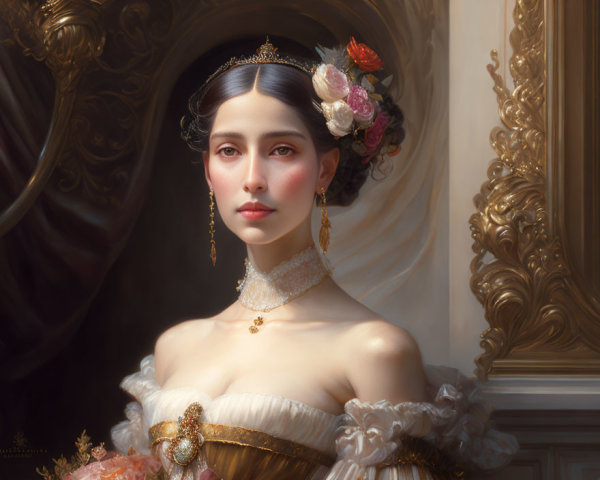 Victorian woman in regal dress with flowers and gold jewelry