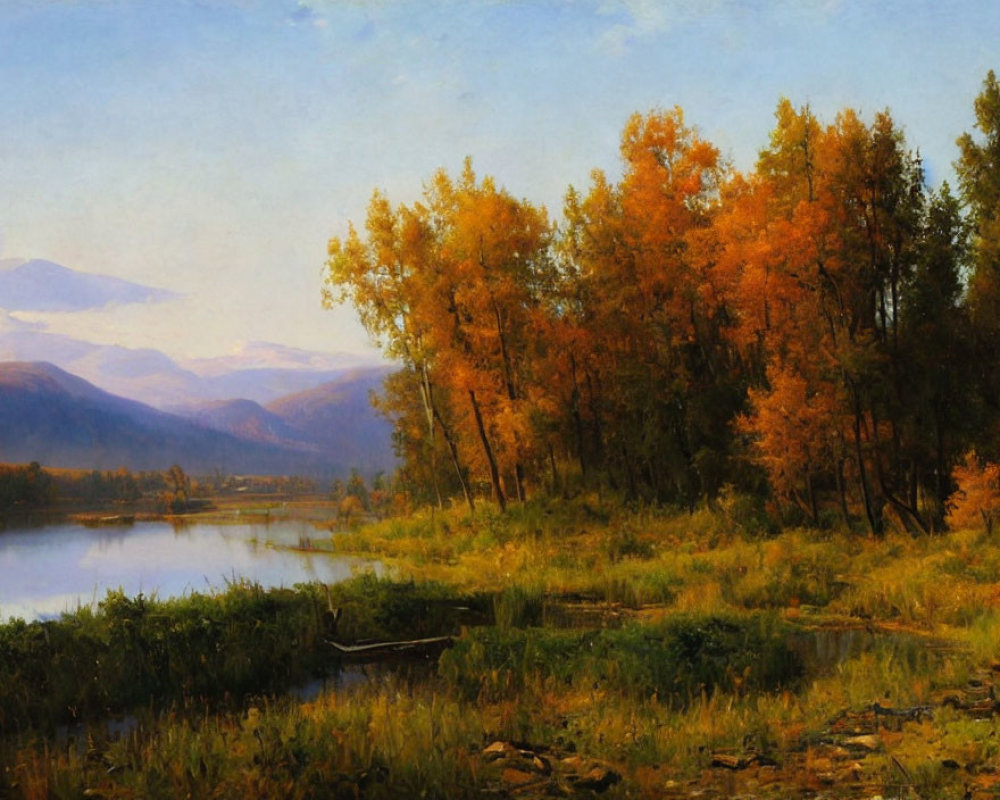 Vibrant Autumn Landscape: Orange and Yellow Trees, River, Boat, Mountains