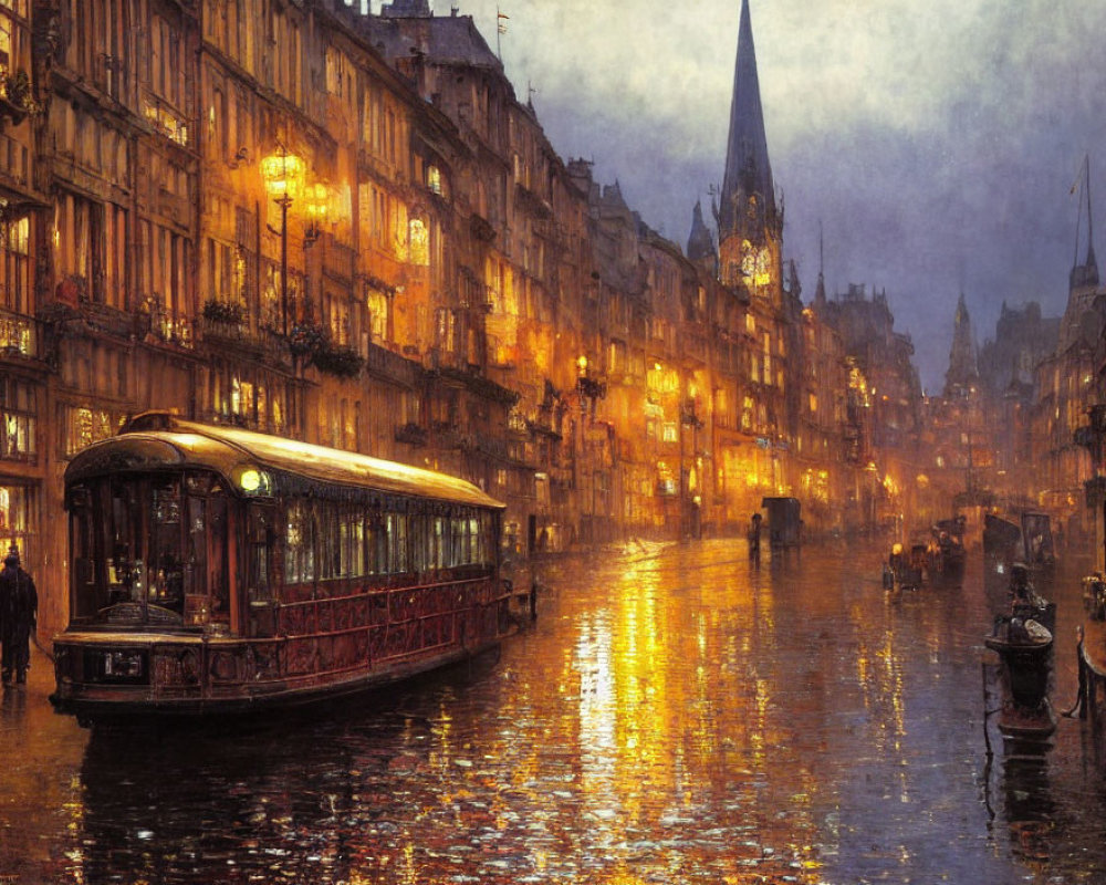 Vintage tram on cobblestone street at dusk in historic city