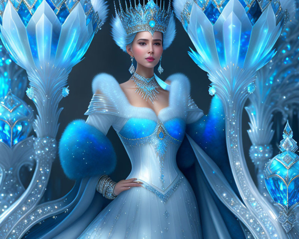 Regal Woman in Luxurious Blue and White Gown