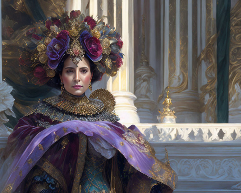 Regal woman in ornate headdress and luxurious gown against classical backdrop