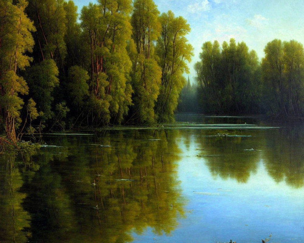 Serene river in lush forest with green and blue hues at dawn or dusk