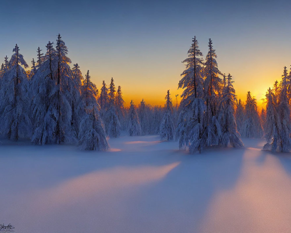 Winter forest scene: snow-covered trees under golden sunrise