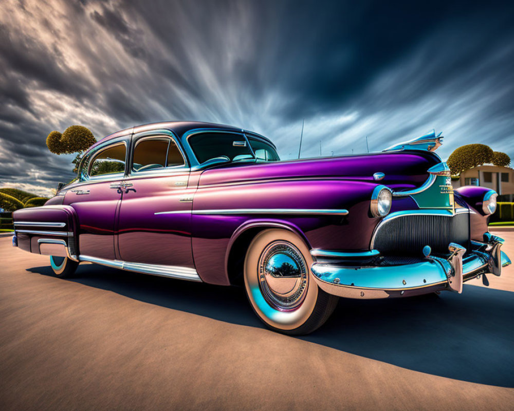 Vintage Purple Car with Chrome Details Under Dramatic Sky