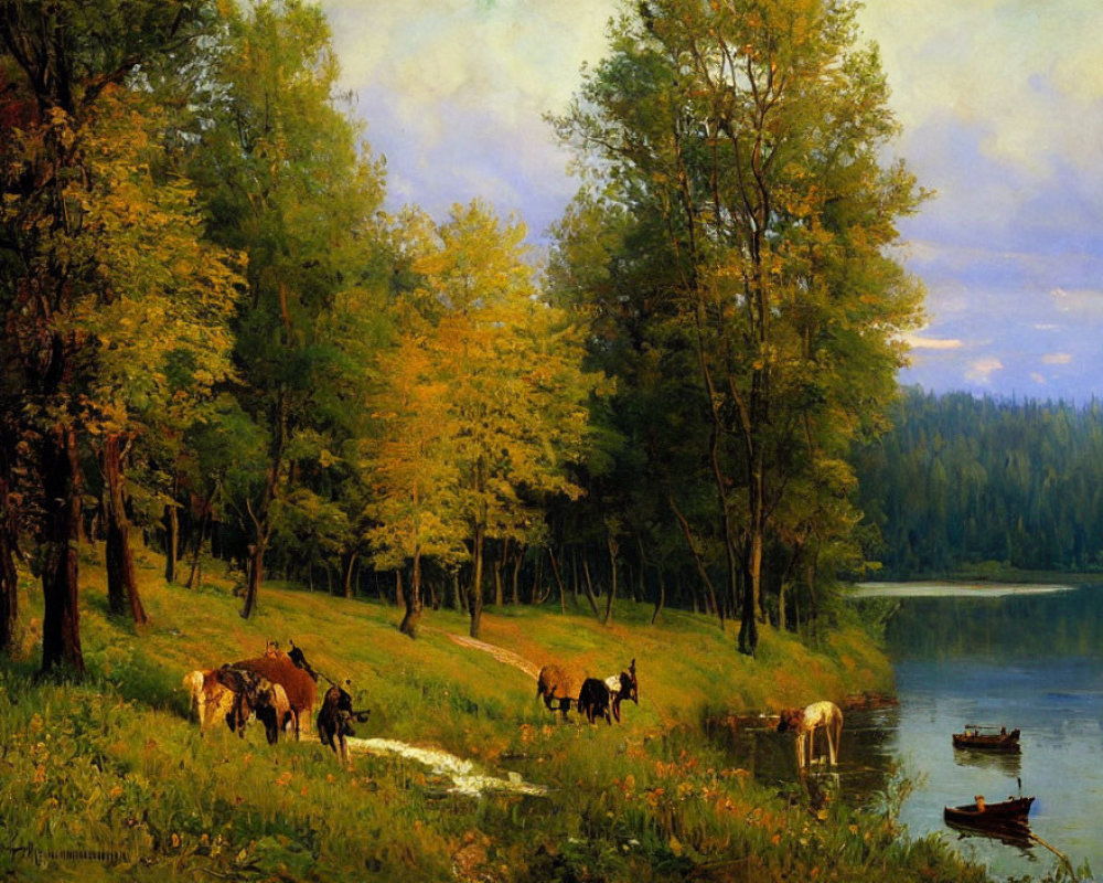 Tranquil landscape: cows grazing by forested lakeside, boat moored, golden sunlight.