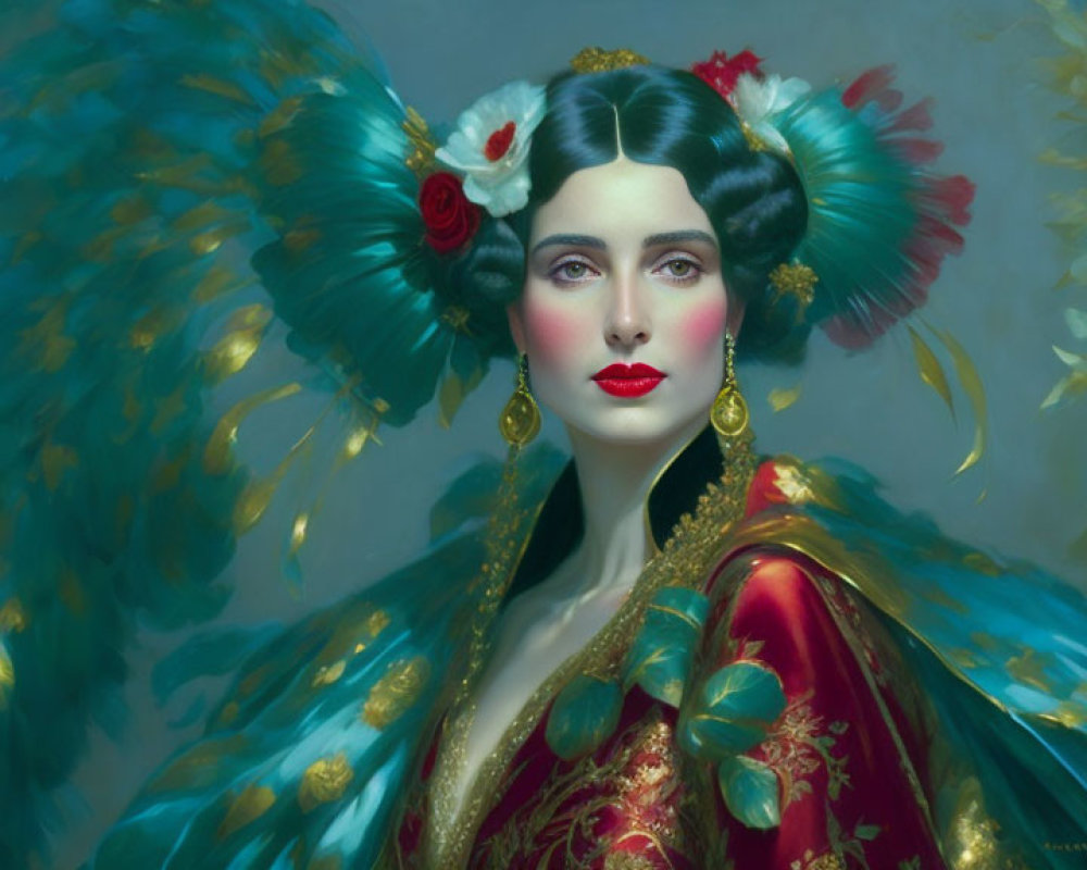 Digital portrait of woman in red lipstick, ornate gold and red attire, with blue feathered accessory