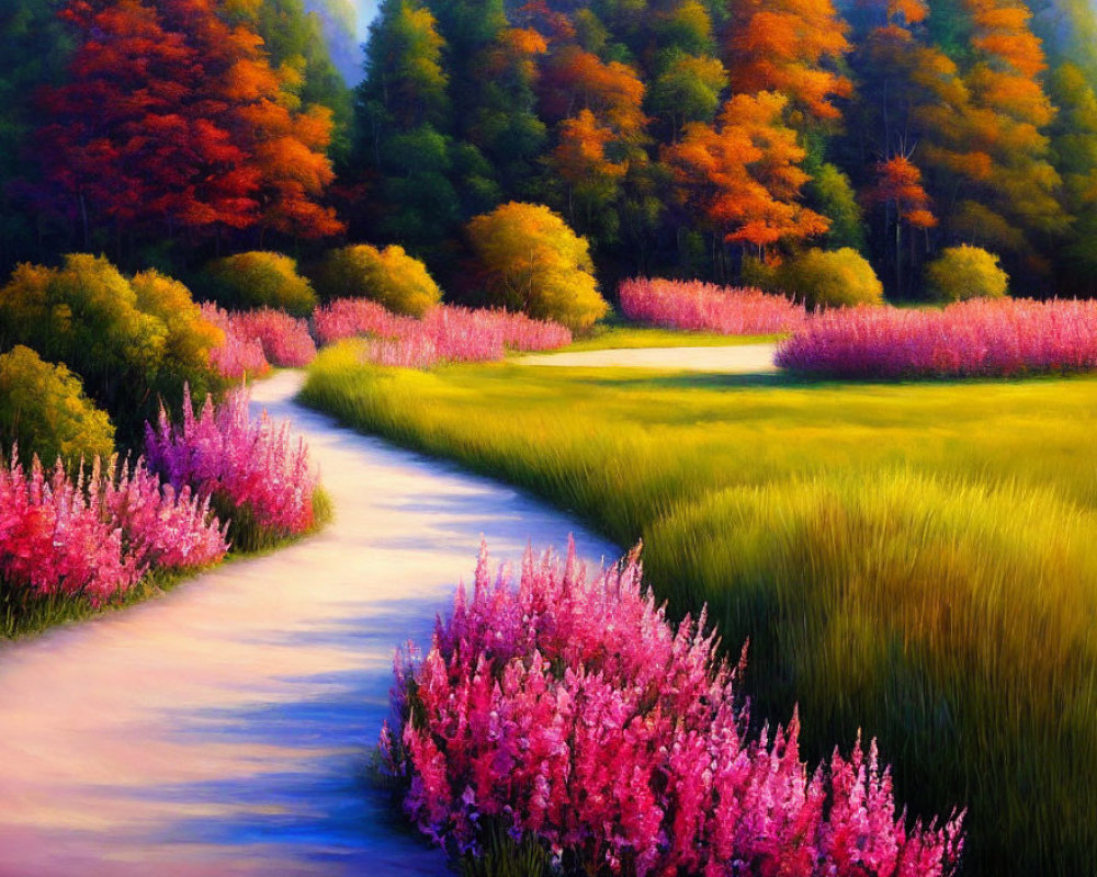 Colorful autumn landscape with winding path and vibrant trees.