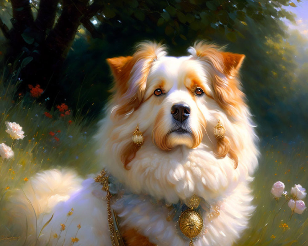 Regal white and light brown dog with gold accessories in lush meadow