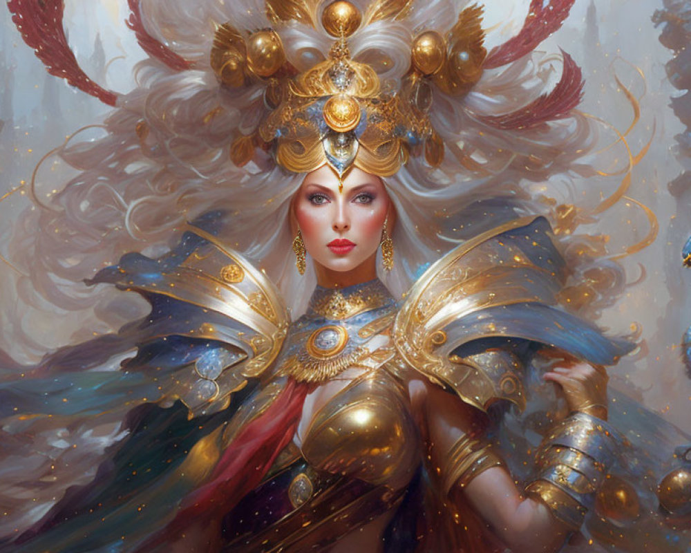 Ethereal woman in golden armor with blue and white garments and mystical bird