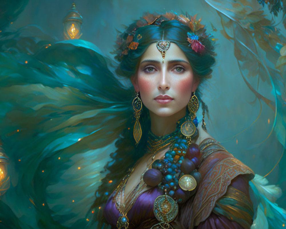 Mystical woman in teal attire with golden lanterns in enchanted forest