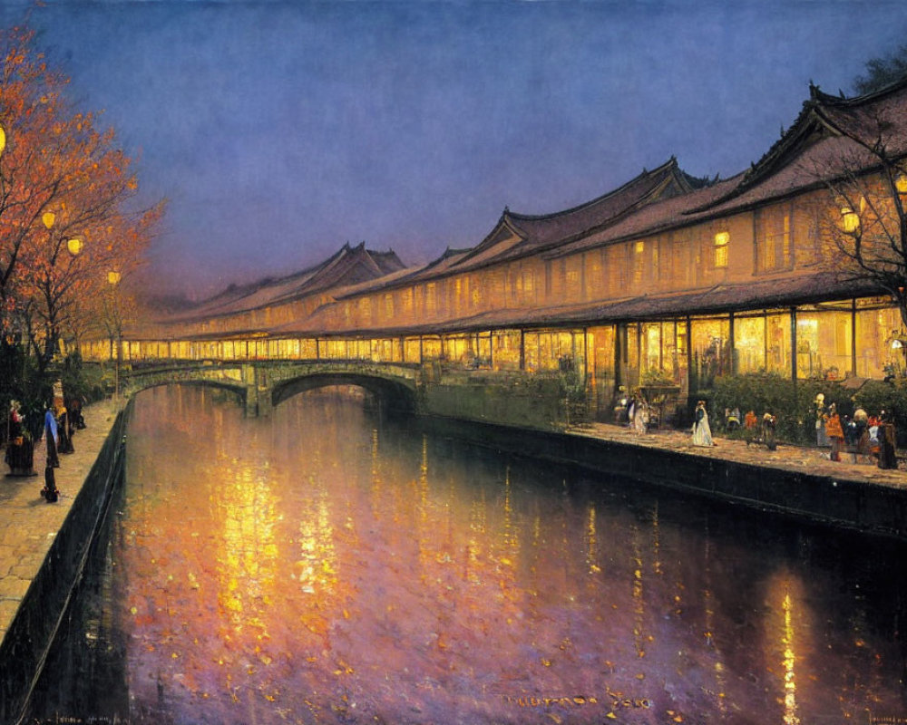 Asian-style buildings with upturned eaves by reflective canal at dusk