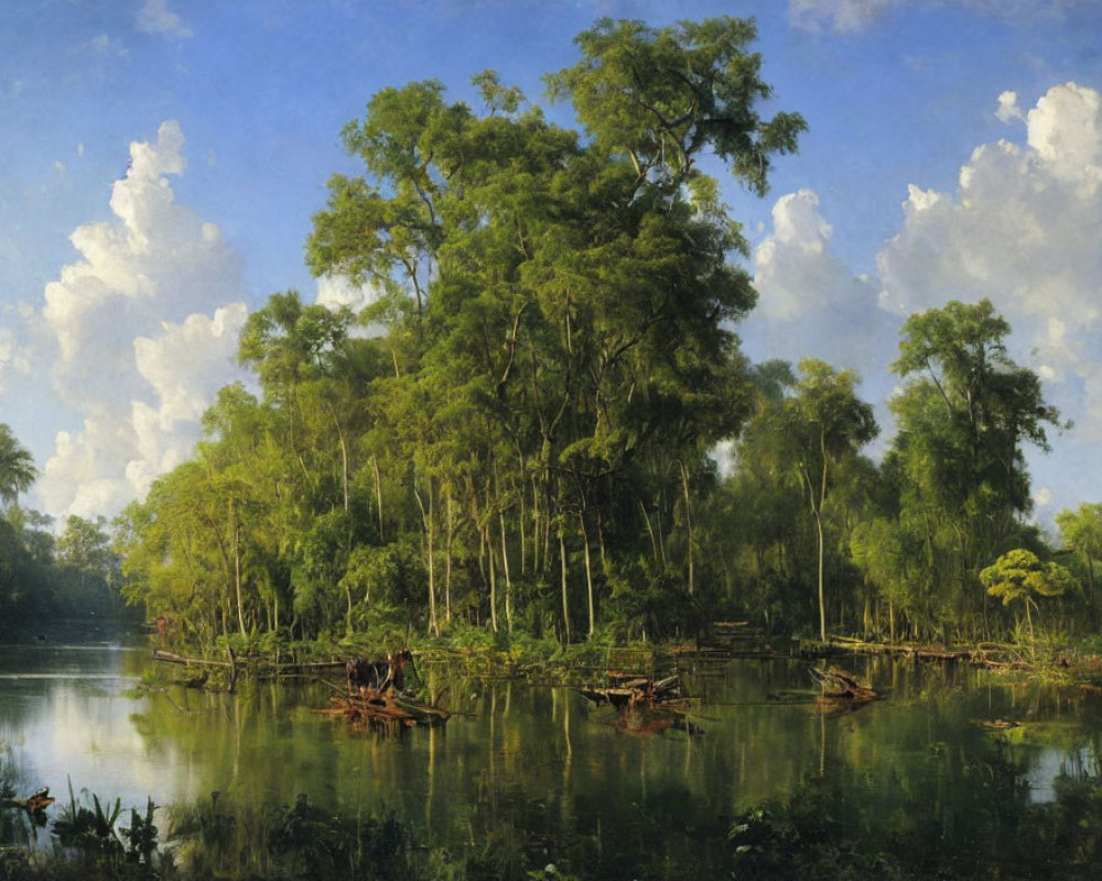 Tranquil river landscape with tall trees and boat