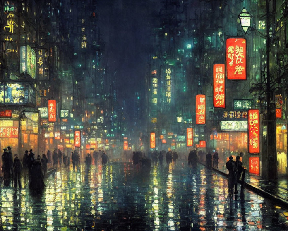 Rainy Night in City Street with Neon Signs and Umbrellas