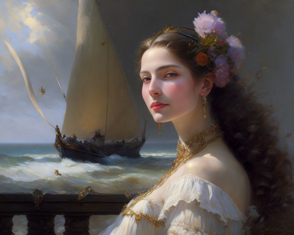 Portrait of woman with flowers, serene gaze, sailboat on ocean.