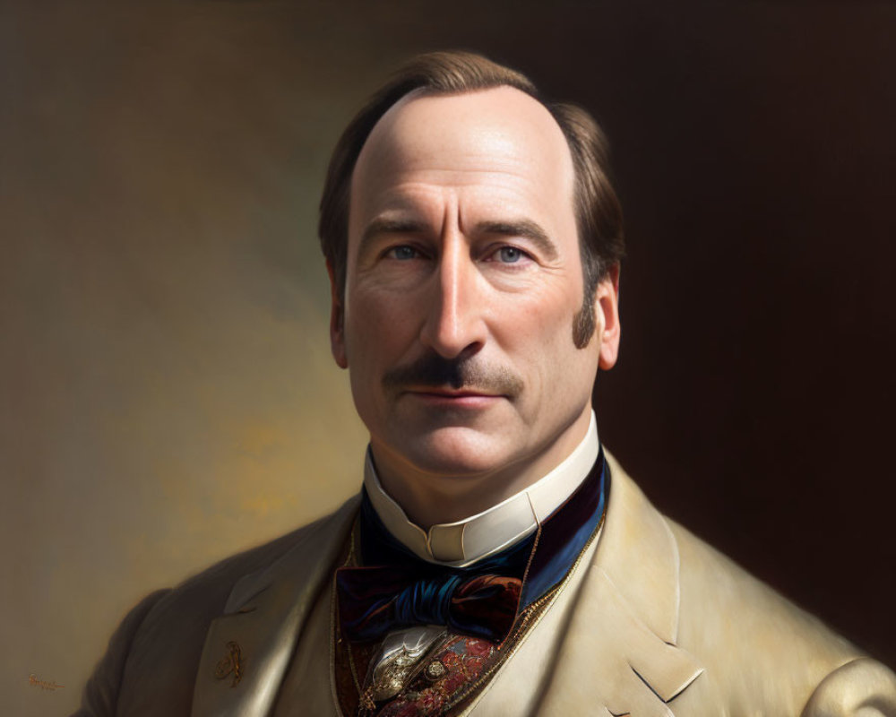 Man with Mustache in Cream Suit and Cravat Portrait Against Neutral Background