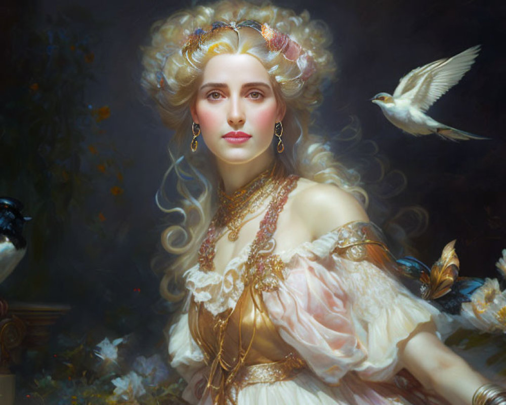 Blonde woman in white gown with gold accessories and birds beside book