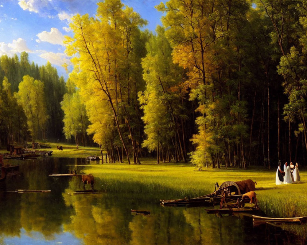 Tranquil landscape with figures, horse, river, and sunlight