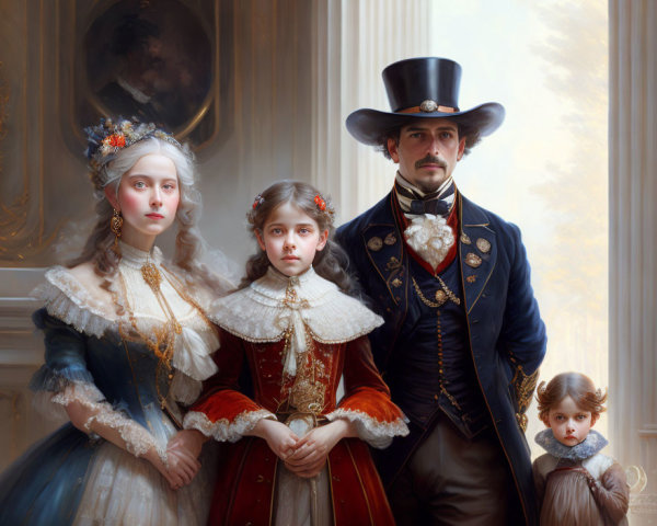 Historical family portrait with man in top hat, woman in lace dress, and children in elegant attire