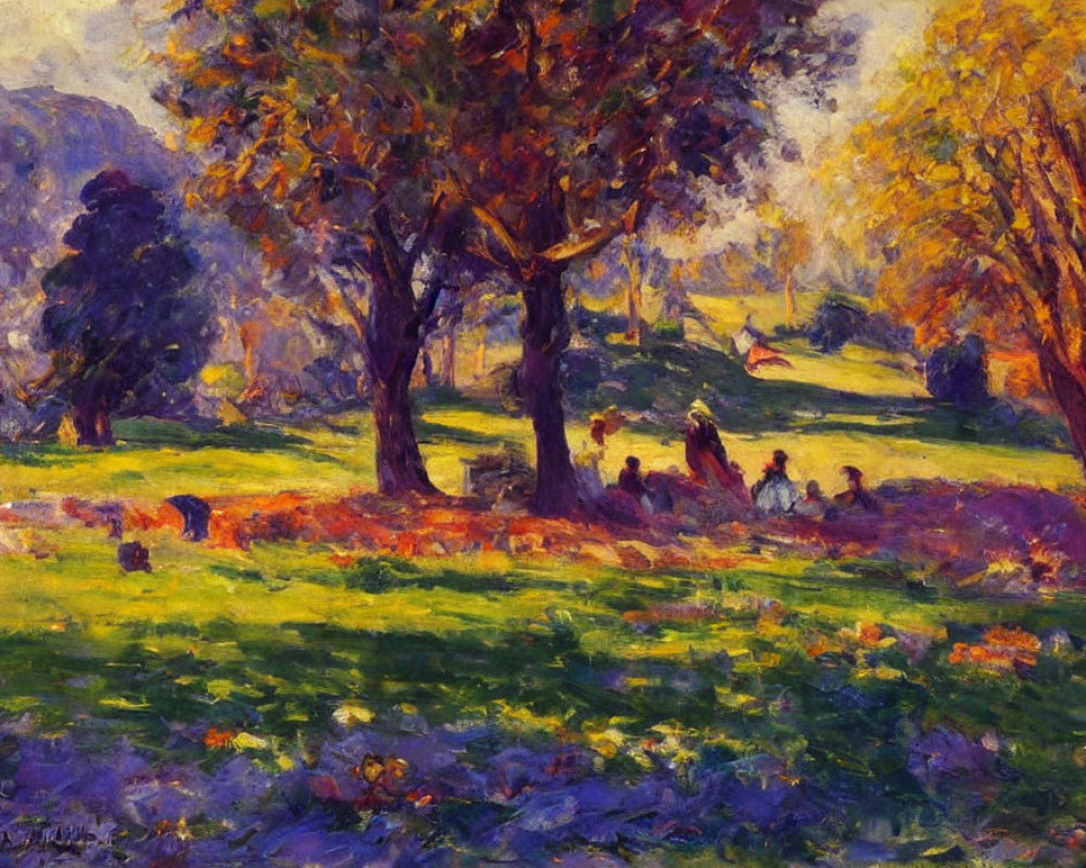 Vibrant Impressionist-style Park Painting with People and Flowers