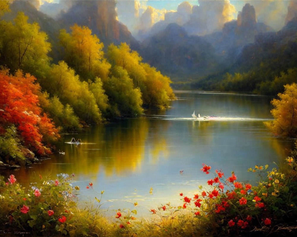 Tranquil river scene with autumn forest, mountains, and swans