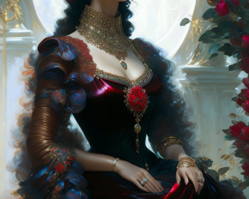 Dark-haired woman with red flowers in luxurious rose motif dress in ornate interior