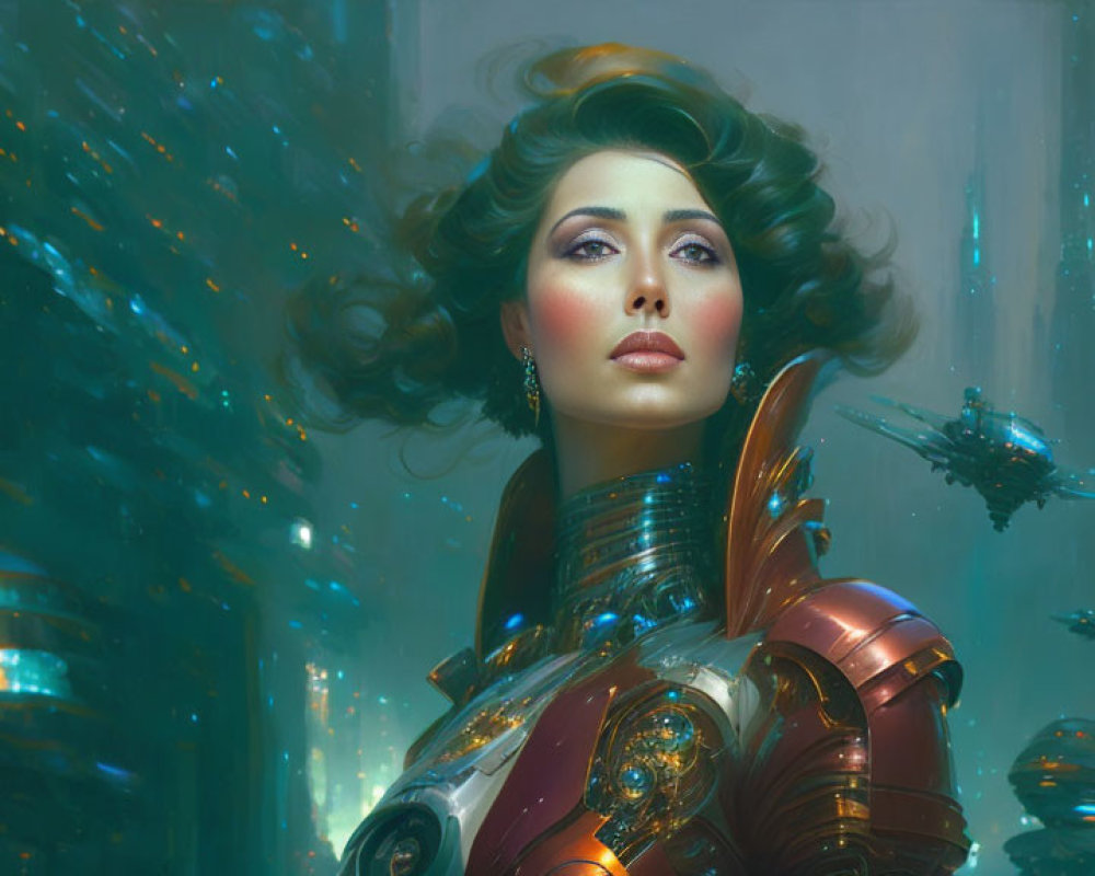 Futuristic woman in armor with voluminous hair in glowing cityscape