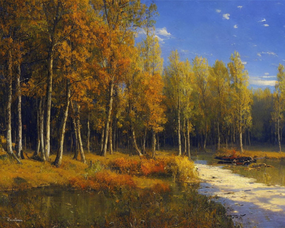 Tranquil autumn landscape with golden foliage, river, boat, and blue sky