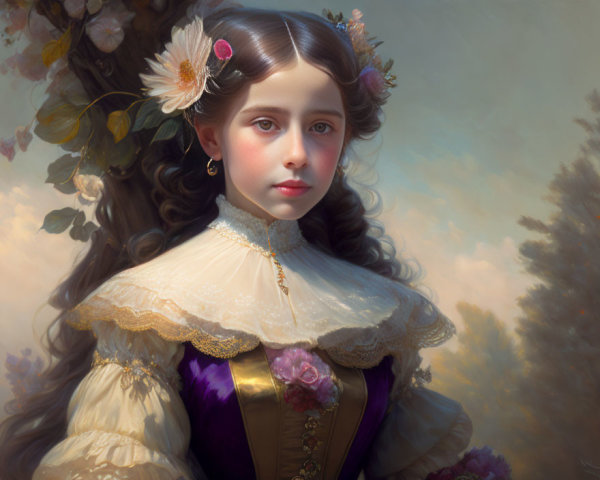 Vintage Clothing Portrait of Young Girl with Flowered Hair
