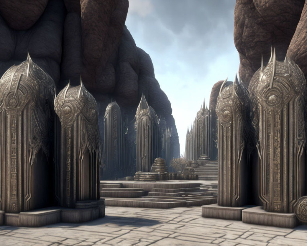 Fantasy corridor with ornate stone doors and distant archway