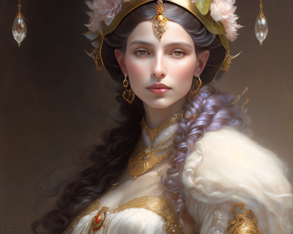 Regal woman in elegant attire with gold headdress and fur cloak