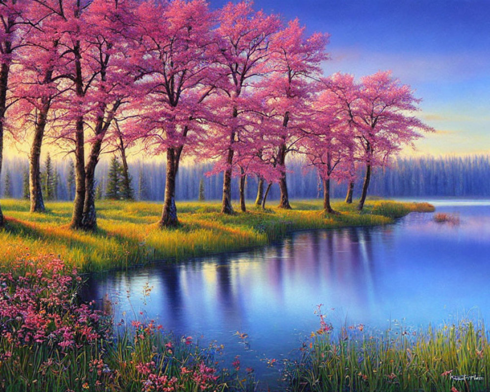 Tranquil landscape: Pink cherry blossoms by serene lake