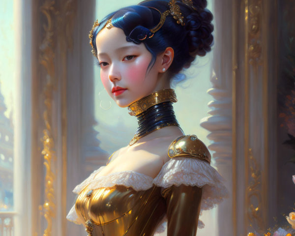 Luxurious Interior Portrait of Woman in Gold & White Dress