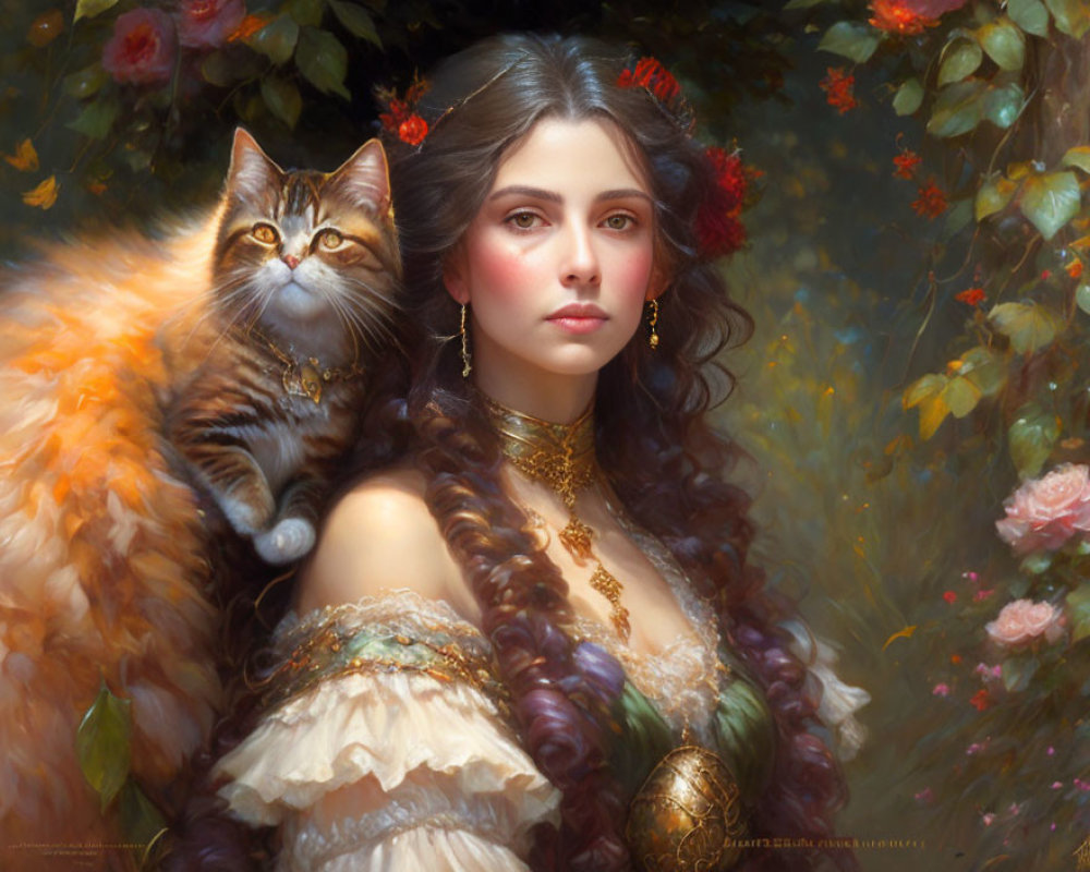 Elegant woman with ornate dress and cat in garden