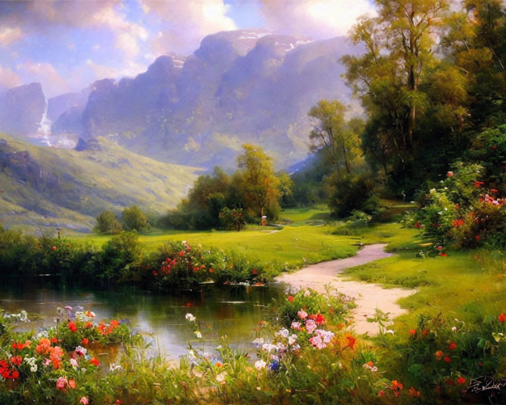 Serene river, lush landscape, winding path, mountains, and soft sky