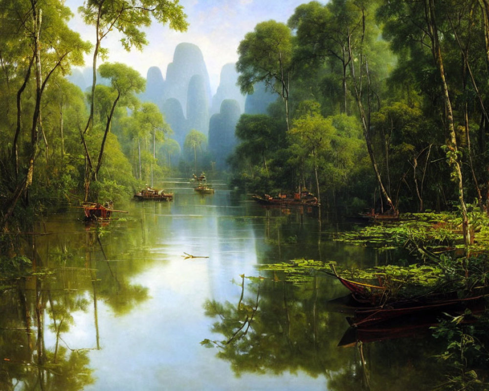 Serene river landscape with traditional boats, lush greenery, and mist-covered karst mountains